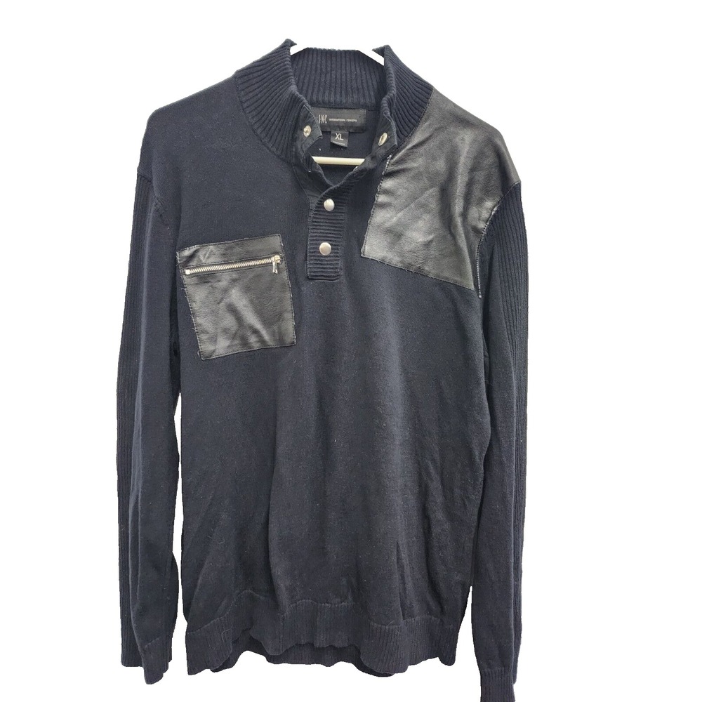 INC International Concepts Mens Sweater XL Black Faux Leather Patch Grunge